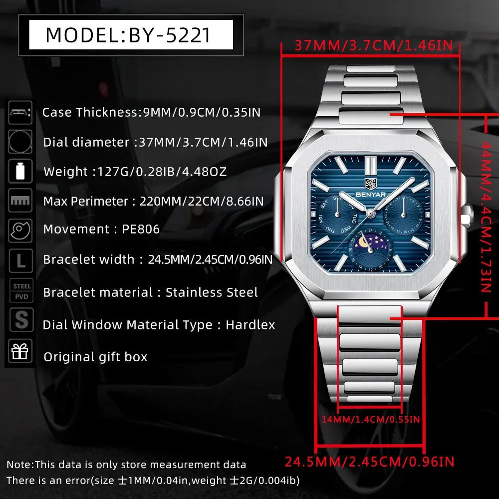 Benyar Modelo Cuadrado  Fecha-Luna 37mm